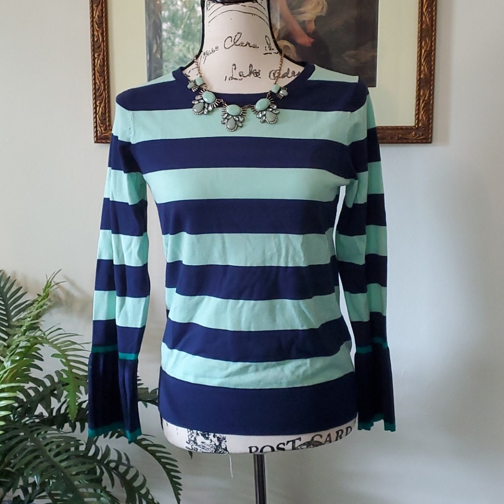 Talbots blue & green sweater w/ bell sleeves